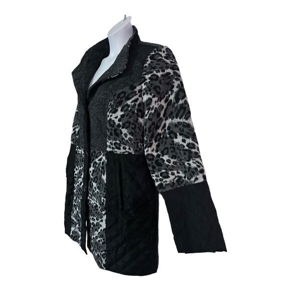 Midnight Velvet Quilted Mixed Media Gray Black Leopard Thigh Length Jacket - Picture 11 of 15